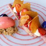 Strawberry candied rhubarb, wasabi diplomat and crispy tuile